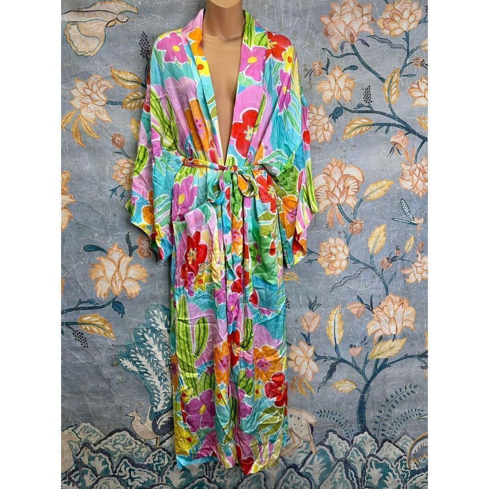 Spell Floral Pastel Silk Kimono Robe in Aqua, Pink & Yellow - Picture 8 of 10